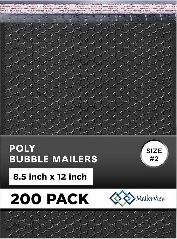 Jet Black Bubble Mailers 8.5x12, Poly Padded Envelopes #2, 200 Pack | Fits 8.5x11 Documents & Photos, Self-Seal Closure, Cushioned Protection, Water-Resistant Poly, Bulk Pack for Small Business
