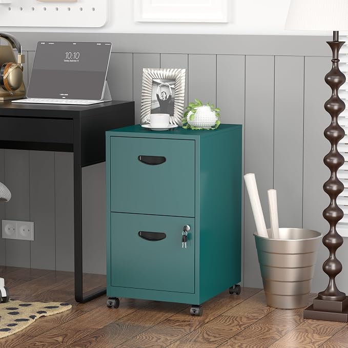 SteeLoong 2 Drawer File Cabinet,Metal Mobile File Cabinet with Lock Green | Filing Cabinet with Wheel,Vertical File Cabinet for Home Office,Under Desk Rolling File Cabinets for Hanging Letter/A4