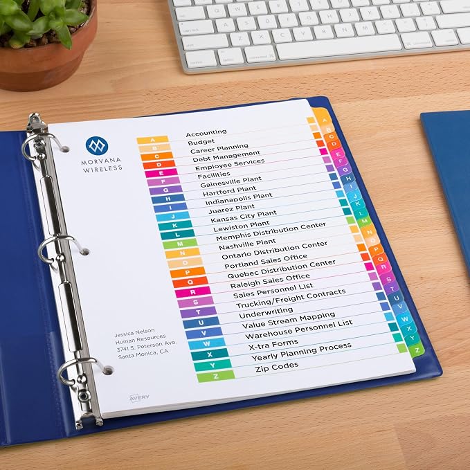 Avery A-Z Dividers for 3 Ring Binders,26 Tabs per Set,Customizable Table of Contents,Multicolor Tabs,Great for Organizing Reports,Projects,and More (11125),(Pack of 12)