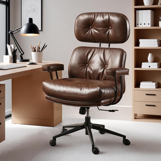 ovios Home Office Chair with Thick Cushion, Mid-Century Modern Faux Leather Ergonomic Chairs, High Back Swivel Rolling Computer Executive Armchair (Dark Brown, PU Leather)