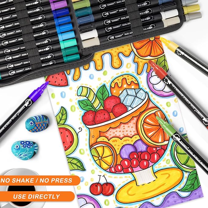 TANMIT Acrylic Paint Pens Markers, 60 Colors Dual Tip Acrylic Paint Pens for Rock Painting, Wood, Canvas, Stone, Glass, Ceramic Surfaces, DIY Crafts Making Art Supplies (Round Tip and Fine Tip)