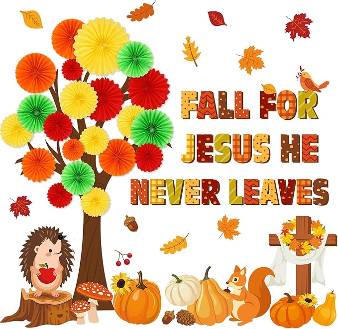 81 Pcs Fall for Jesus He Never Leaves Bulletin Board Set Thanksgiving Tree Bulletin Board Decorations for Classroom 3D DIY Paper Fans Religious Cross Wall Decor Thanksgiving Hedgehog Cutouts