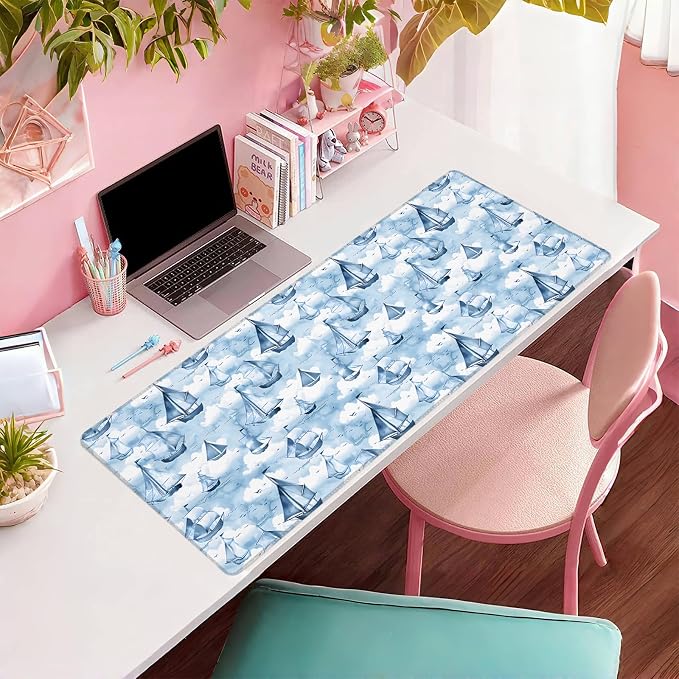 Sailboat Extended Mouse Pad 31.5x11.8in, Blue Ocean Cloud Pattern Large Desk Mat with Non-Slip Rubber Base, Big Mousepad for Laptop Computer PC, Gaming Office Home Decor, Deskmat Gifts