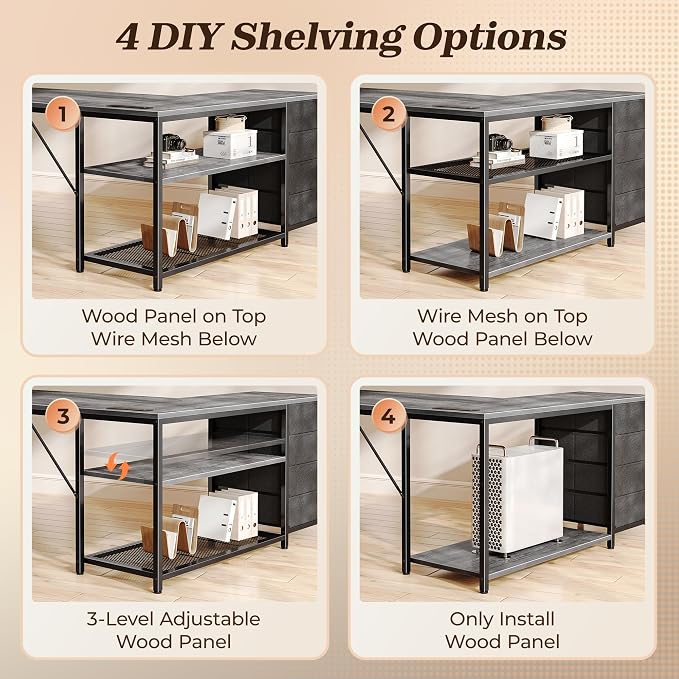 53" L Shaped Desk with Power Outlets & 4 Drawers | Reversible Computer Desk with 2 Storage Shelves, Large Corner Office Desk for Gaming Writing Work Study, Grey