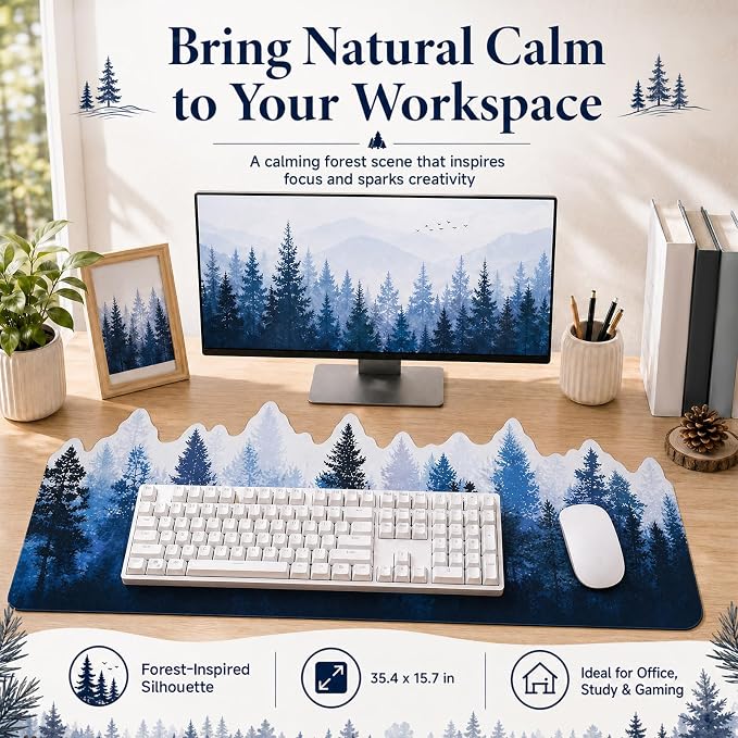 Large 3D Pine Forest Desk Mat Gradient Forest Big Gaming Mouse Pad Non-Slip | Rubber Base Decorative Keyboard Mat, Extended Desk Protector for Office Home Study Workstation, 35.43 x 15.75 Inch