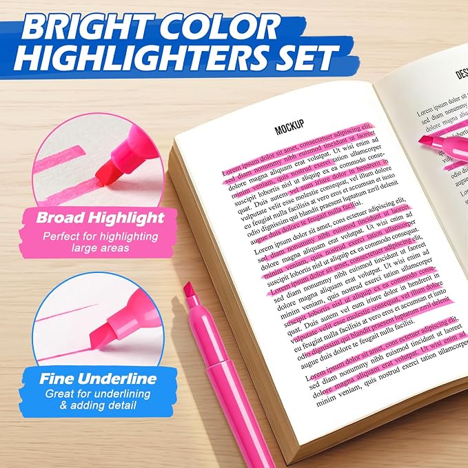 Duchong Highlighters, 30 Packs Pink Highlighter Bright Colors Bulk, Chisel Tip Dry-Quickly No Bleed Highlighter Markers for Adults Kids, Office Classroom Must Have, School Supplies for Teachers