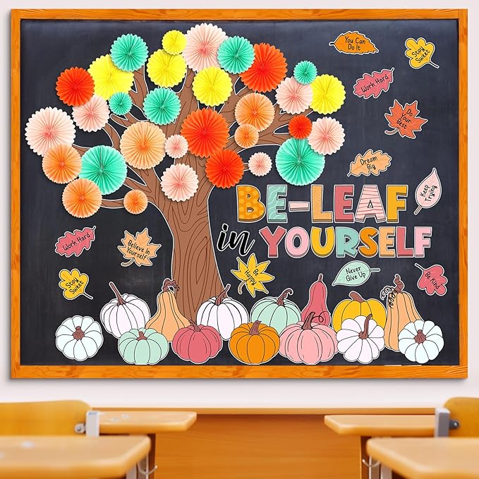 81 Pcs Fall Tree Bulletin Board Decorations Be Leaf in Yourself Classroom Tree Bulletin Board Motivational Boho Pumpkin Cutouts 3D Paper Fans Crafts Thanksgiving Fall Harvest Wall Decor