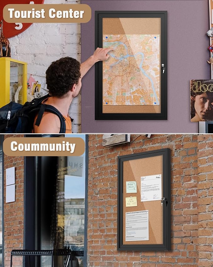 Mifuro 36"x24" Enclosed Bulletin Board, Outdoor Lockable Weather-Resistant Aluminum Cork Noticeboard for School & Office Hospital, Black Frame w/Cork