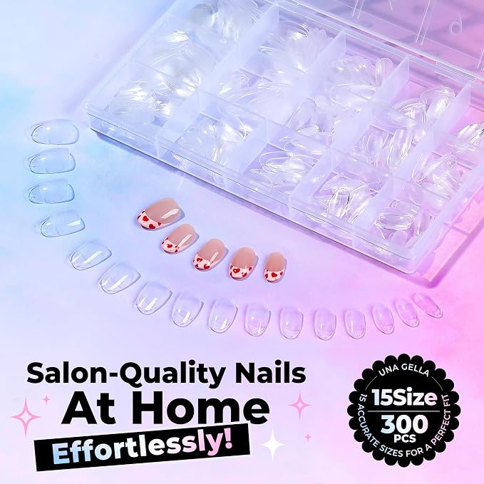 UNA GELLA Oval Gel Nail Tips Short 15 Sizes Full Cover Pre-Etched 300PCS | Easy DIY Salon Oval Almond Press On Nails, Snug Fit & Long-Lasting Hold for Daily Wear, Home DIY Salon