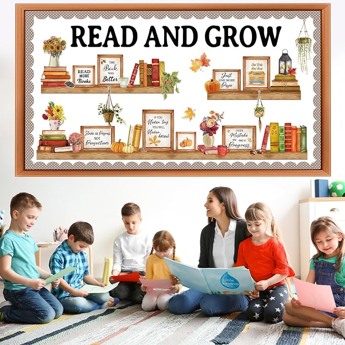 Qilery Bookshelf Bulletin Board Read and Grow Motivational Classroom Decor | Reading Library Bulletin Board Set Inspirational Cutout for Back to School Classroom Decoration