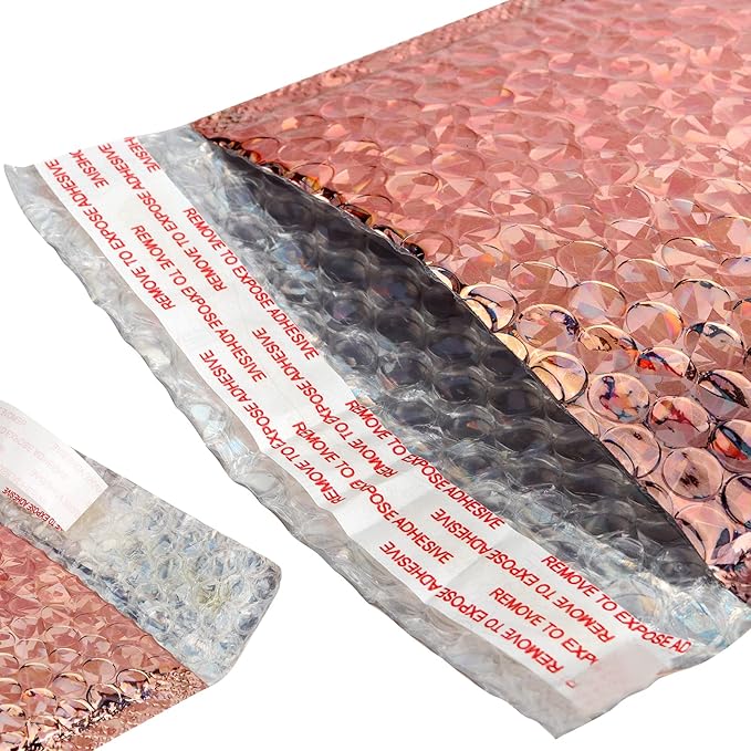 SINJEUN 50 Pieces 6 x 10 Inch Holographic Bubble Mailers, Rose Gold Metallic Padded Bubble Mailers, Glamour Self Sealing Cushion Envelopes for Mailing, Shipping and Packing