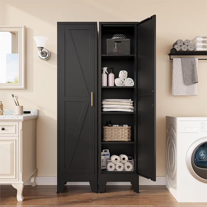 COFaR Tall Bathroom Cabinet, Metal Farmhouse Narrow Slim Storage Cabinet with Adjustable Shelves Barn Door for Bathrooms, Kitchens, Entrances Living Room (Black)
