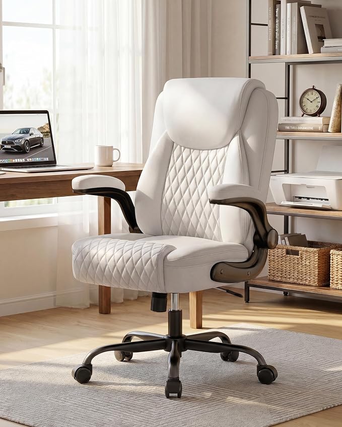 COMHOMA Mid-Back Office Chair, Ergonomic PU Desk Chair with Flip up Arms, Small Computer Gaming with Comfy Lumbar Support,Rocking Function,Sturdy Metal Base, White