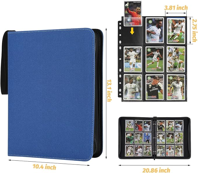 GERMUN 3 Ring 9 Pocket Zipper Card Binder, 720 Double Sided Standard PU Trading Card Album Folder for TCG & Sports Cards, Not Fit Top Loaders (Blue1)