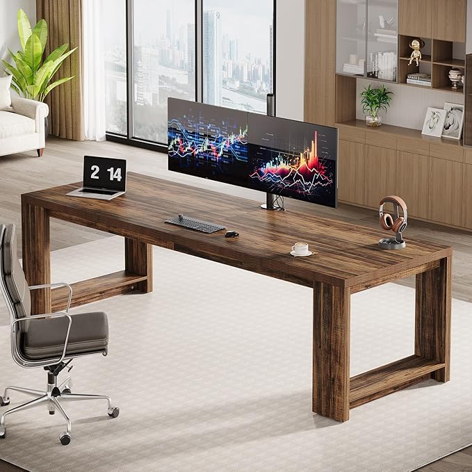 Tribesigns 2 Person Desk Set of 2, 86.6 Inches Extra Long Desk, Two People Computer Writing Table, All Wood Large Desks Workstation for Home Office, Rustic Brown