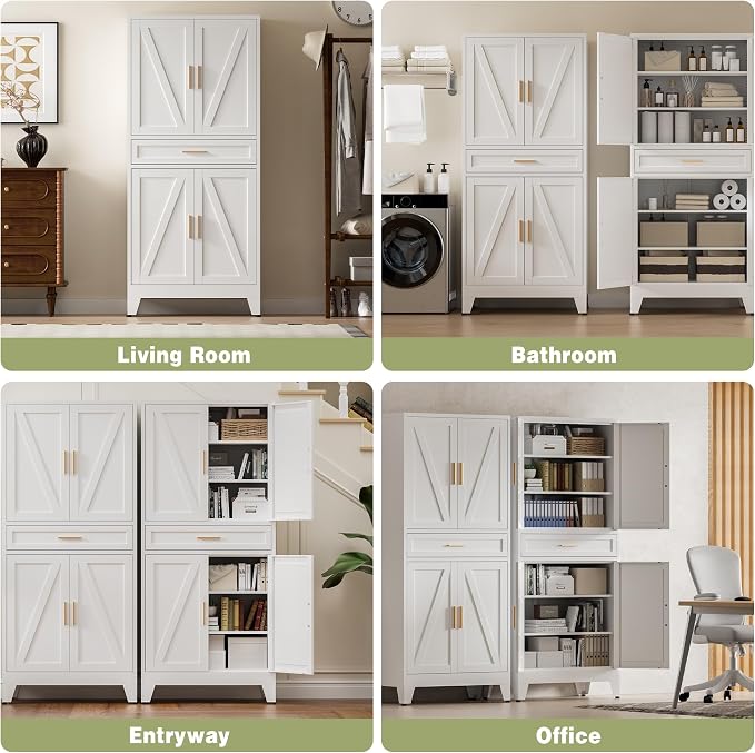 COFaR 71" Tall Kitchen Pantry, Farmhouse Storage Cabinet with Doors and Shelves, Metal Cabinet with Drawers and Legs, for Cupboard/Dining Room/Bathroom/Living Room/Office/Laundry Room (White).