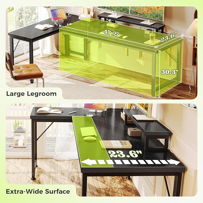 61" L Shaped Computer Desk, Power Outlets, Monitor Stand, Black | USB-C Ports, Reversible Charging Station, Spacious Desktop & Legroom, 0.94 Inch Thick Desktop, for Gaming, Study & Work