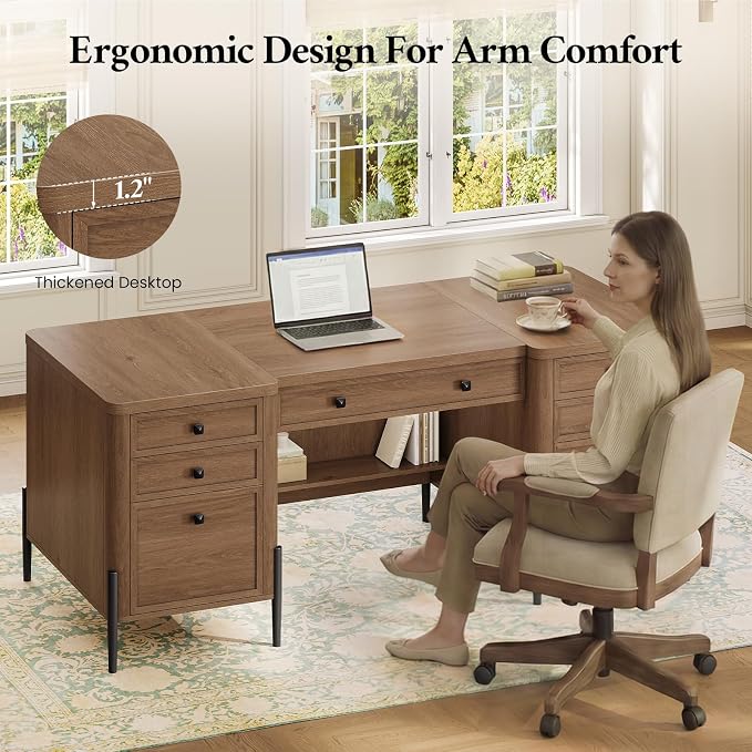 63" W x 27.6" D Executive Desk with 2 Cabinets & 6 Drawers, Farmhouse Home Office Desks with Keyboard Tray, Large Boss Desk with Privacy Panel, Modern Table with Open Shelf and File Drawer