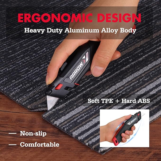 ARROW Retractable Utility Knife, Quick-Change Box Cutter with Blade Storage Design, Twine Cutter, Heavy Duty Aluminum Razor Knife with TPE Comfortable Handle, 15 Extra Blades Included