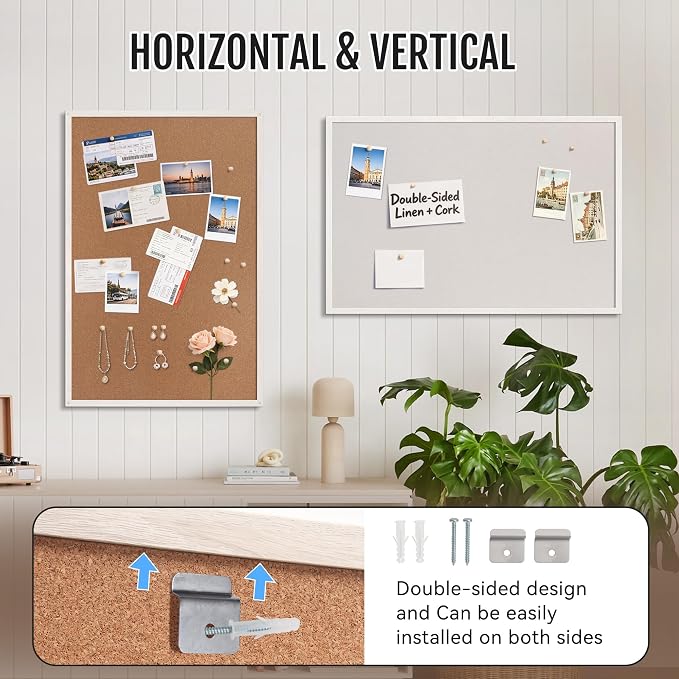 SELEAD Double-Sided Linen and Cork Bulletin Board (30"x20", Oatmeal White) | 2-in-1 Fabric Linen & Cork Pin Board, White Wood Frame Wall Decor Photo Display Vision Board for Home Family, Office, Kitchen