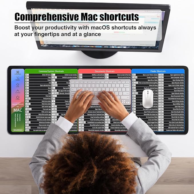 Mac OS Shortcuts Cheat Sheet Mouse Pad, XL 31.5"x11.8"x0.12" | Large Keyboard Shortcut Desk Mat, Non‑Slip Rubber Base, Stitched Edges, Washable, for Office Home Use