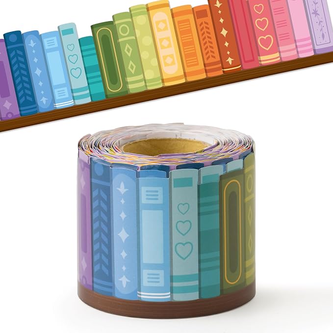 BeYumi Colorful Bookshelf Border Trim - 65ft Back to School Books Rolled Border Trim Bookshelf Bulletin Board Set Library Classroom Office Chalkboard Kindergarten Elementary Home Wall Party Decoration