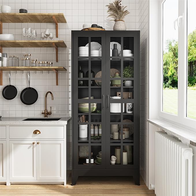 COFaR 71" Black Metal Pantry Cabinet with Glass Doors for Living Room | 5-tier pantry and display cabinet with glass doors and 4 adjustable shelves for kitchen, dining room, living room or office.