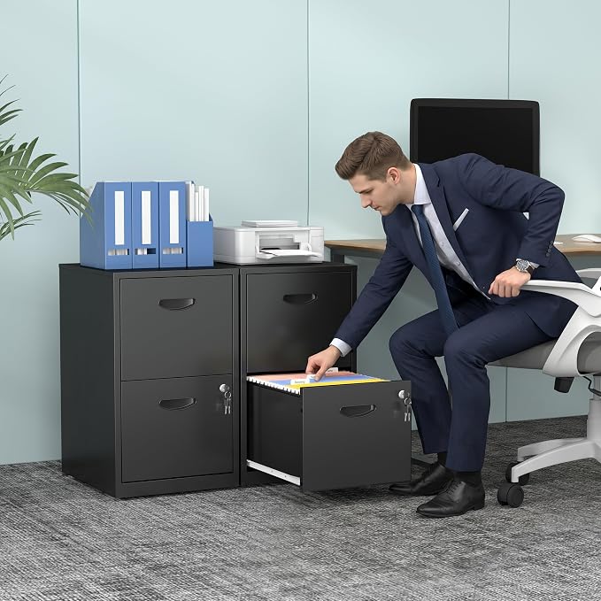 Polup 2 Drawer File Cabinet with Lock, Metal Filing Cabinet for Home Office | Small Locking Cabinet for Under Desk Storage, Printer Stand, Fits Letter Size, Black, 26"H x 15"W x 18"D, Easy Assembly