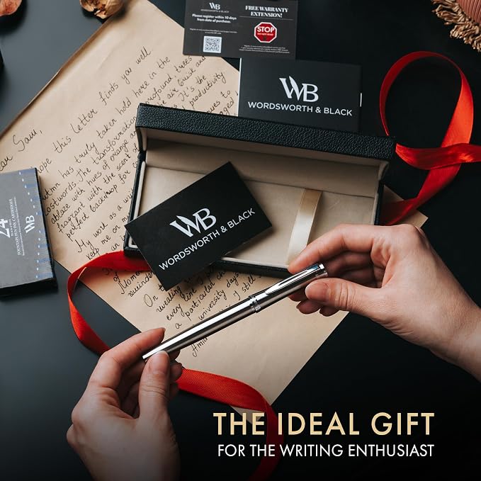Wordsworth & Black Luxury Fountain Pen Set for Writing, Broad Nib, Silver | Gift for Men & Women, Brass Body, German Iridium, Calligraphy, Converter + 24 Ink Cartridges, Refillable, Leak-Free