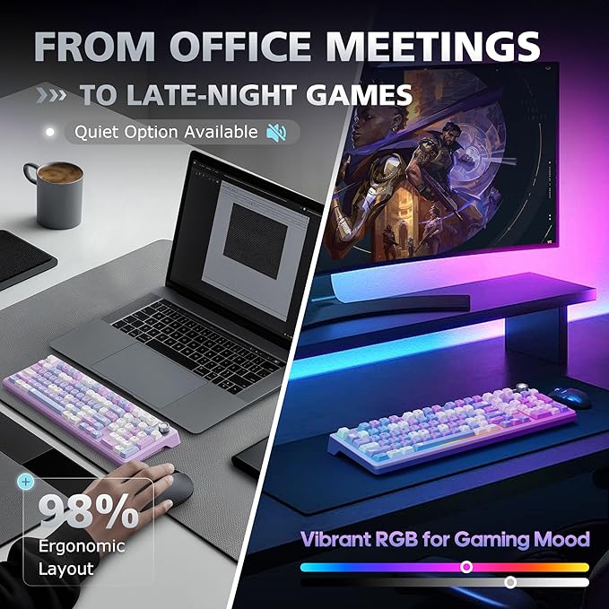 F98 Wireless Mechanical Keyboard 98%, RGB Backlit Creamy Keyboard with Number Pad & Knob, Hot Swappable 5-Pin, PBT Keycaps, Quiet Thocky Creamy Sound, Tri-Mode BT/2.4G/USB-C for Mac & PC, Pink