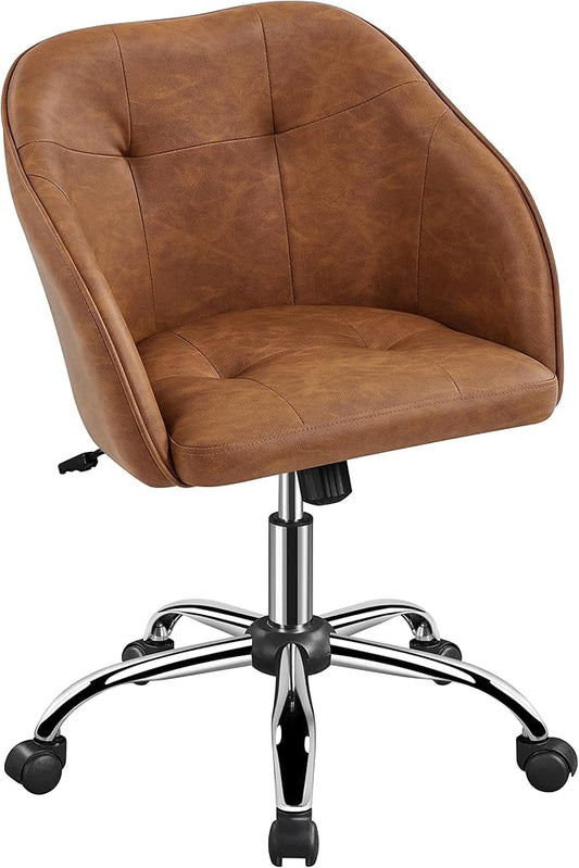 Yaheetech Home Office Desk Chair Vanity Chair with Back Small Leather Computer Chair with Swivel Wheels Modern Accent Armchair for Office Bedroom Retro Brown
