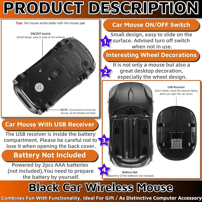 HuGuWdy Black Car Mouse，2.4G with USB Reciver 1600DPI Computer Mice Wireless for Computer Cute Wireless Mouse for Laptop Computer Tablet for Windows for Mac OS for Christmas（Black）
