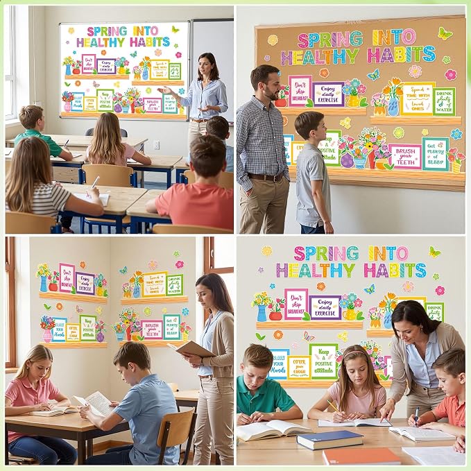 Qilery Spring Healthy Habits Bulletin Board Set Classroom Decorations | Motivational Nutrition Paper Cutouts for Teacher Elementary School Nurse Office Educational Positive Wall Decor for Library