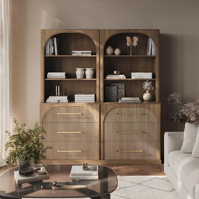 BELLEZE Display Storage Cabinet with Hutch Set of 2, 72" Tall Wood Modern Bookshelf with 3 Drawers, Cabinet for Office, Study, Kitchen, Dining Living Room, Camel