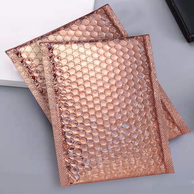 SINJEUN 50 Pieces 6 x 10 Inch Holographic Bubble Mailers, Rose Gold Metallic Padded Bubble Mailers, Glamour Self Sealing Cushion Envelopes for Mailing, Shipping and Packing