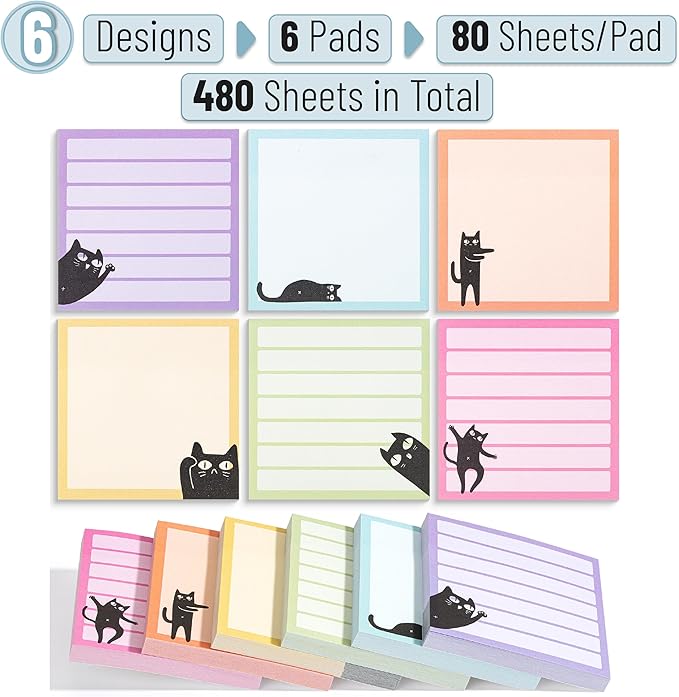 Mr. Pen- Sticky Notes, 3" x 3", 6 Pads, 480 Sheets, Black Cat Sticky Notes, Cat Notepad, Sticky Note Set