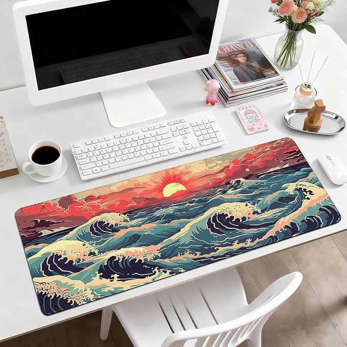 Gaming Desk Mat with Silky Smooth Surface & Exquisite Patterns,31.5x11.8 Inches Large-Sized Mouse Pad, Perfect for Extended Gaming,Work,and Home Office Decor (Japanese Waves 1)