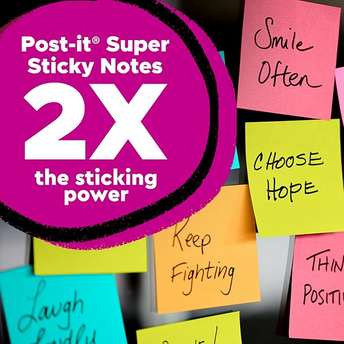 Post-it Super Sticky Notes, 3x3 in, 24 Pads/Pack, 70 Sheets/Pad, Amazon Exclusive Bright Color Collection, Aqua Splash, Acid Lime, Tropical Pink and Iris Infusion (Pack of 8)