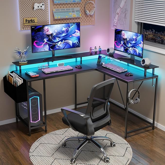 L Shaped Gaming Desk with Power Outlets and LED Lights, 53 inch Cornor Computer Desk with Storage Shelves, Gamer Desk with Storage Bag and Hooks Home Office Table for Bedroom Living Room Black