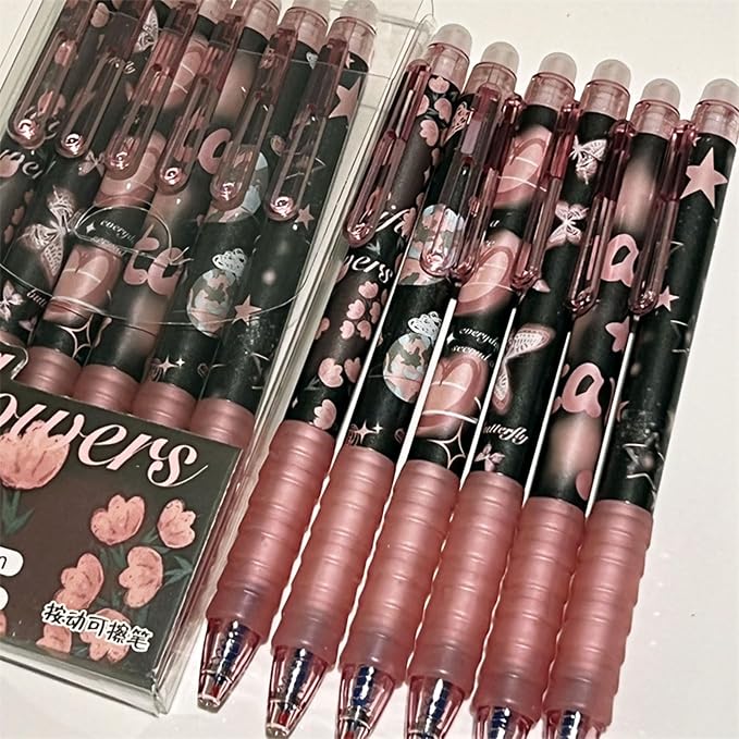 MOZXIRZ 6 Pcs Erasable Gel Ink Pens Retractable Pens 0.5mm Blue Ink Pen Office School Pens Cute Aesthetic Pen Women Girls (Blue Ink-Flowers)
