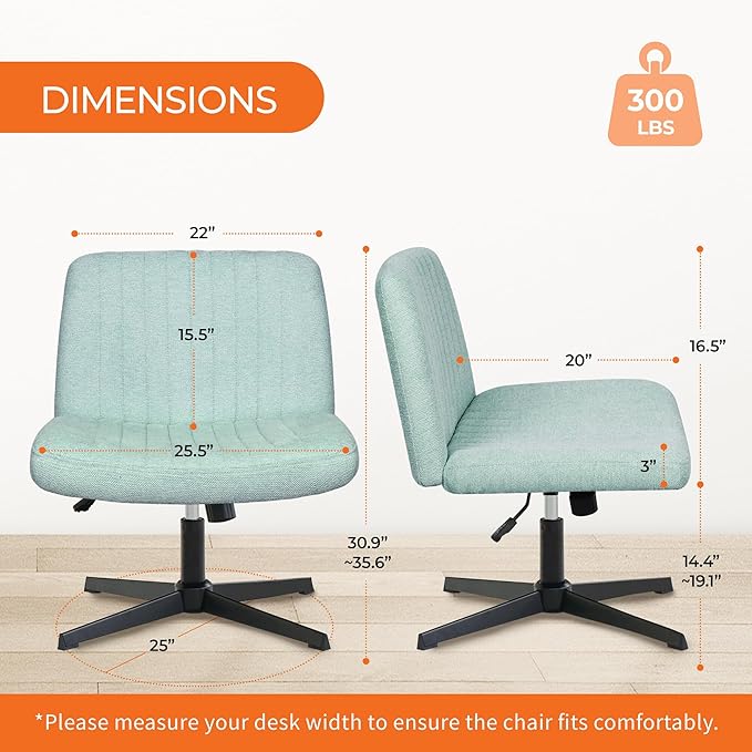 Orange Factory Criss Cross Chair No Wheel Wide Cross Legged Office Desk Vanity Chair Comfy Fabric Armless Adjustable Swivel for Home Computer Task (Mint No Wheel, Classic Fabric)