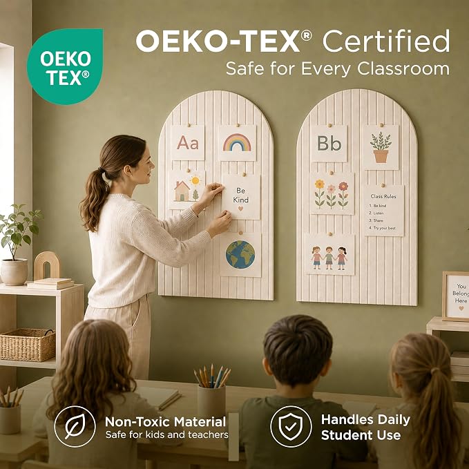 Large Felt Bulletin Board Arched 35" x 24" - Cork Board Alternative for Wall, 6 Felt Tiles with 32 Adhesive Tabs, Stylish Pin Board for Home Office, Bedroom & Classroom (Linen)