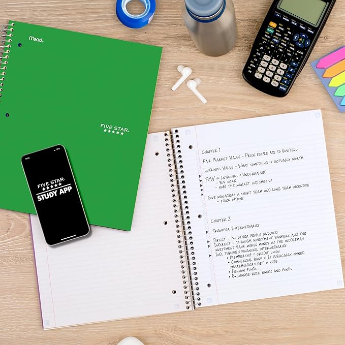 Five Star Spiral Notebook + Study App, 3 Subject, College Ruled Paper, Fights Ink Bleed, Water Resistant Cover, 8-1/2" x 11", 150 Sheets, Green (72067)