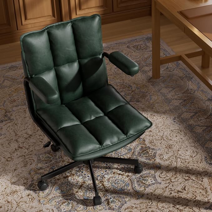 Mid Century Modern Desk Chair, Vintage Leather Office Chair, Green | Petite Computer Chair for Small to Medium Women, Thickened Back, Cozy Seat, Adjustable Height for Home