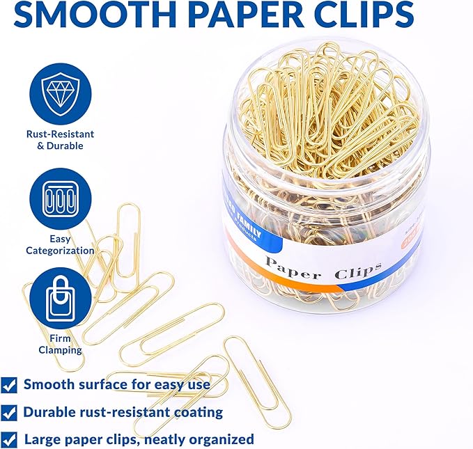 FUDAO FAMILY Medium Paper Clips, 200-Count, Paperclips, Gold Paper Clips, 1.3 Inch (32mm) Paper Clip