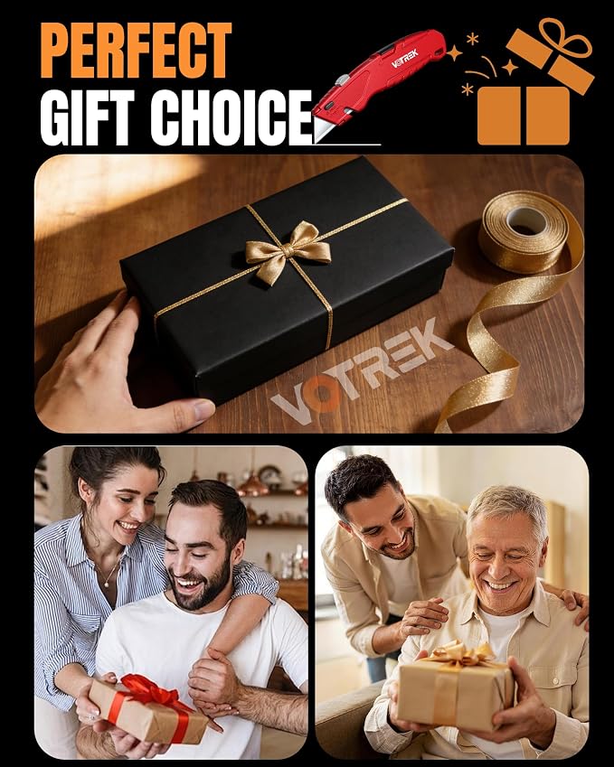 VOTREK® Box Cutter Retractable| Metal Utility Knife【Built-in Storage】Tool-Free Quick Blade Change| Safety Lock| Extra 10 SK5 Blades| Razor Knife for Cardboard & Plastic| Paper Craft Tools