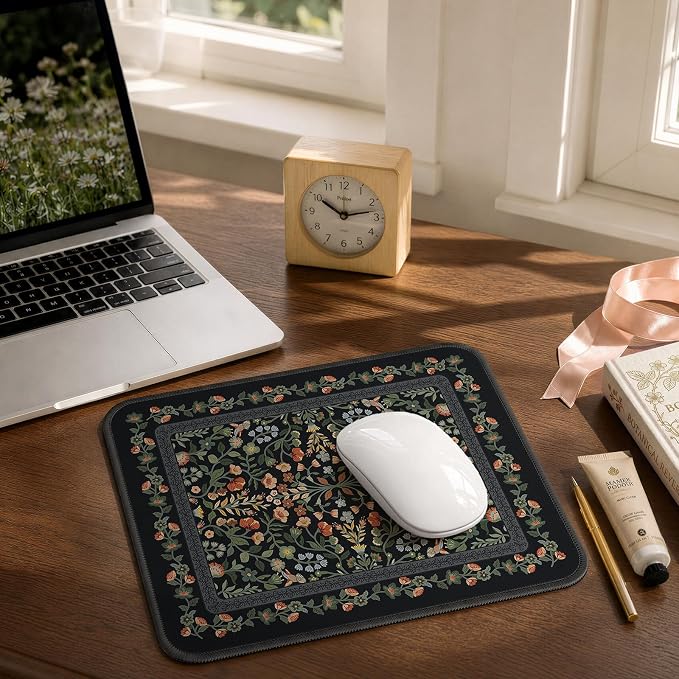 iCasso Aesthetic Small Mouse Pad, 9.5x7.9in,Home Office, Black Floral | Mini Portable Travel Mousepad, Anti-Slip and Comfortable Cloth Mouse Mat with Stitched Edges for Computer, Home