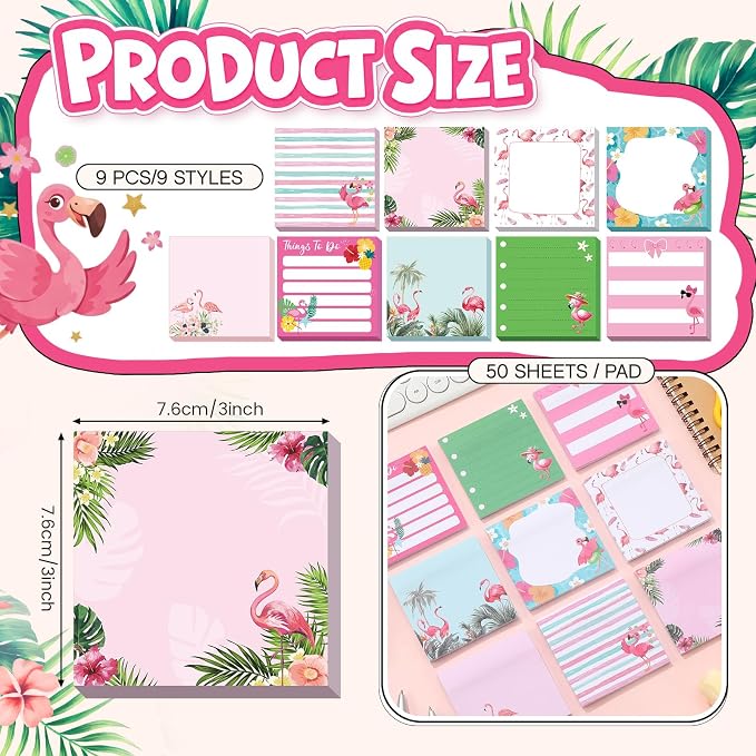 9 Pads Flamingos Sticky Notes, 3x3 Inch Cute Stick Notepads | Adhesive Memo Notes Pad, Coworker Gifts, Office Supplies Decor, Desk Accessories for Students, Teacher, Meeting