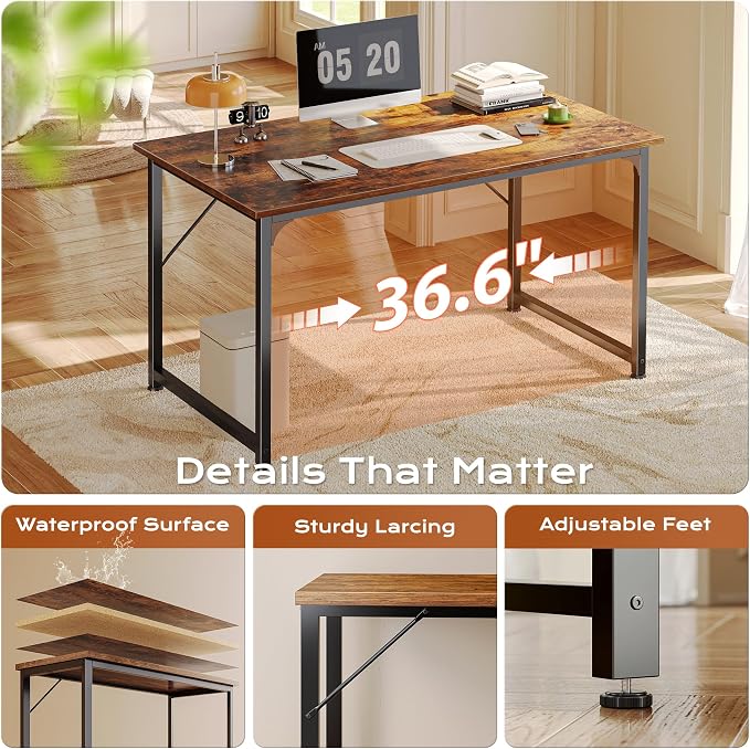 40 X 24 Inch Computer Desk with Deeper Desktop, Gaming Office Writing Work Desk for Home Office, Study, Bedroom, Work from Home, Metal Frame, Rustic Brown