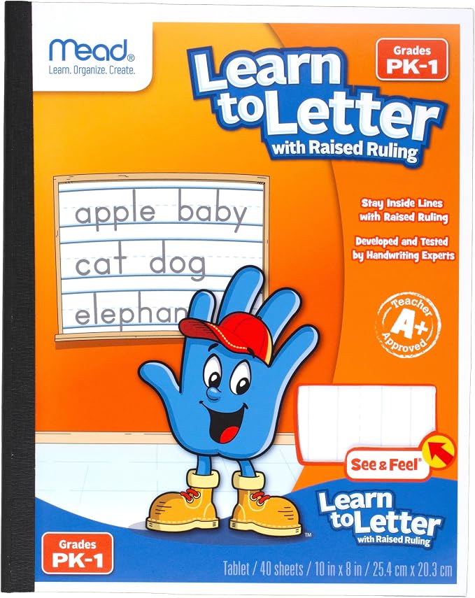 Mead Learn to Letter Writing Tablet, Handwriting Practice Pad Grades PK-1, 10" x 8", Solid & Dotted Raised Ruling, 40 Sheets, 4 Pack (480018)